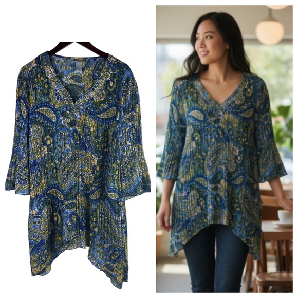 Catherines Top Tunic Shirt Blouse Sz 2X 3X 22 24 Crinkle Stained Glass Mosaic - Picture 1 of 4